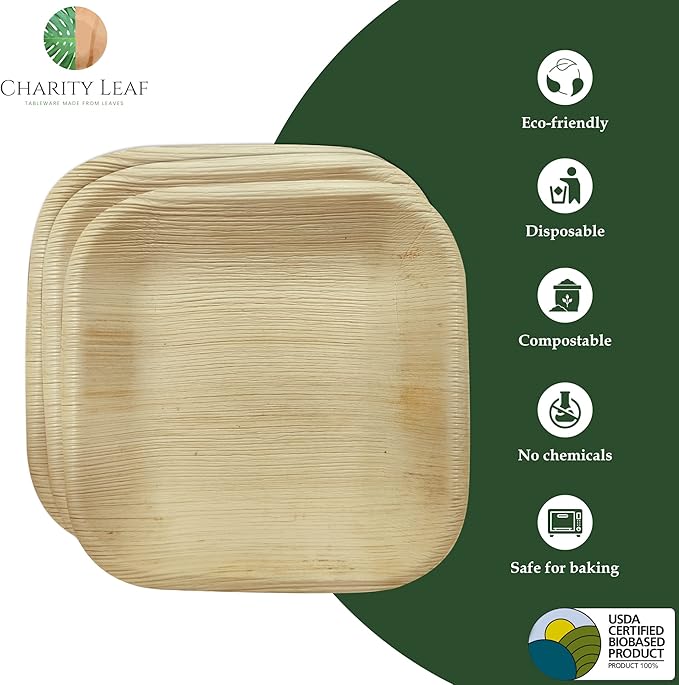 Disposable Palm Leaf 6" Square Plates (50 pieces) Bamboo Like Serving Platters, Disposable Boards, Eco-Friendly Dinnerware For Weddings, Catering, Events