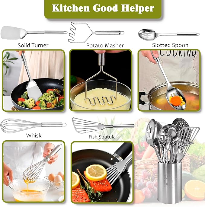 Stainless Steel Kitchen Utensils Set - 12pcs Cooking Utensils Set with Holder, Heat Resistant Kitchen Tool Set for Cooking with Turners, Potato Masher, Spatula, Spoons, Tongs, Whisk