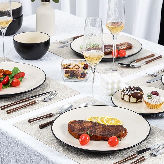 Plates and Bowls Sets for 4 - CJDC-QUELO 12-Piece Stoneware Dinnerware Sets, Ceramic Dishware Set for Indoor Kitchen Use and Formal Dining, Chip and Scratch Resistant Microwave Dishwasher Safe, Ivory