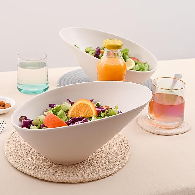 Bamboo Fiber Salad Bowls, 2 Packs Serving White, Compostable 33 Ounce Elegant White Angled Bowls for Salad, Pasta, Soup, Prep, Ideal for Home and Restaurant