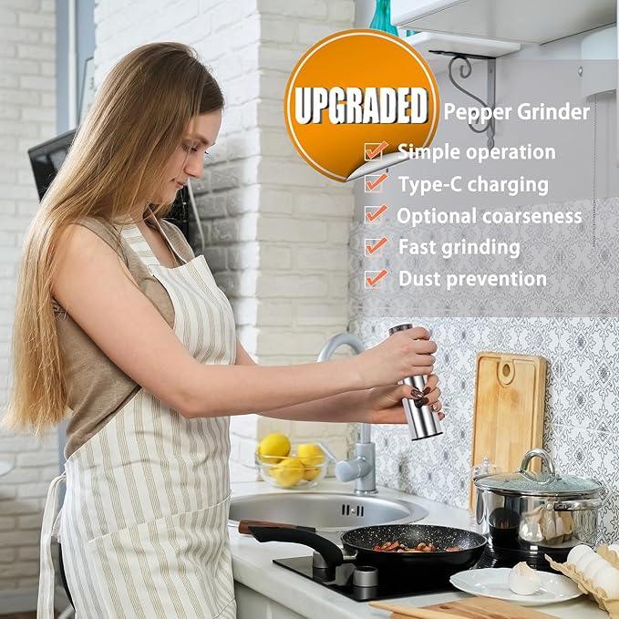 Electric Salt and Pepper Grinder Set, Rechargeable Salt and Pepper Shakers Refillable, Automatic Pepper Mill with Adjustable Coarseness, One Hand Operation with LED light, Stainless Steel