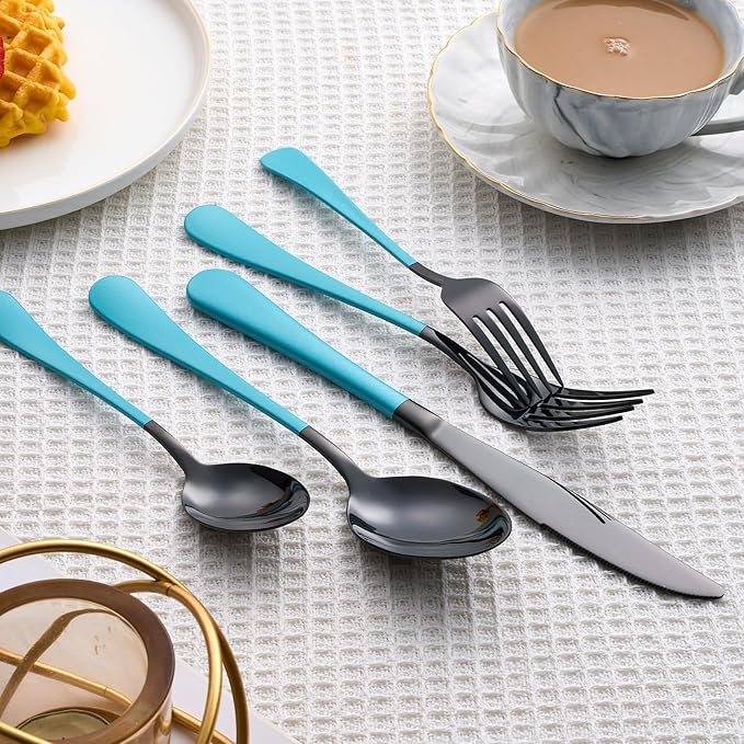 20 Piece Black Sky Blue 18/0 Flatware Utensil Set for 4, Include Dinner Knife,Dinner Forks,Dinner Spoons,Salad Forks,Teaspoons,Silverware Set for 4, Dishwasher Safe
