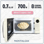 Nostalgia Retro 700W Microwave Oven 0.7 Cu Ft Capacity – Child Safety Lock, 8 Auto-Cook Settings – Countertop Kitchen Appliance – Ivory