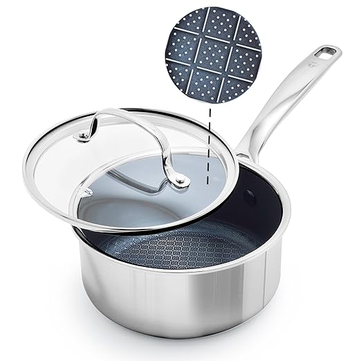 Blue Diamond Hybrid Nonstick Stainless Steel 1.57QT Saucepan with Glass Lid, PFAS-Free Ceramic Diamond Bond Pot, Dishwasher Safe, Stay-Cool Handle, Induction Ready, Compatible with All Cooktops