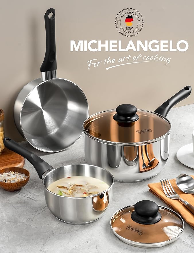 MICHELANGELO Stainless Steel Saucepan Set with Lid 1QT & 2QT & 3QT, Triply Base Stainless Steel Pot Set, Sauce Pot Set with Bakelite Handle