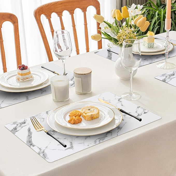 Romanstile Vinyl Placemats Set of 12-12 X 18 Inch - Heat Resistant Place Mats 100% Waterproof Oilproof Wipeable Reversible Faux Leather Table Mats for Kitchen/Dining/Party/Outdoor, Marble