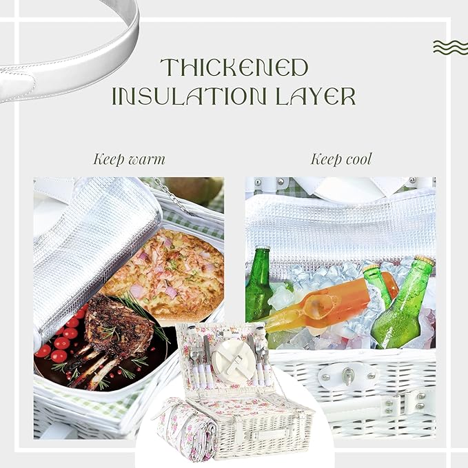 Picnic Basket Set for 4 with Waterproof Blanket Mat Insulation Bag Wicker Floral Elegant Classic Fresh White Pink Gift for Wedding Birthday Summer Camp Outdoor Camping Beach Travel Christmas