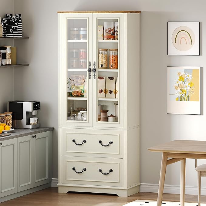 YITAHOME 76'' Kitchen Pantry Cabinet with 2 Drawers, Tall Storage Cabinet with Glass Doors & Adjustable Shelves, Freestanding Display Curio Cabinet for Collectibles, Living Room, Off-White