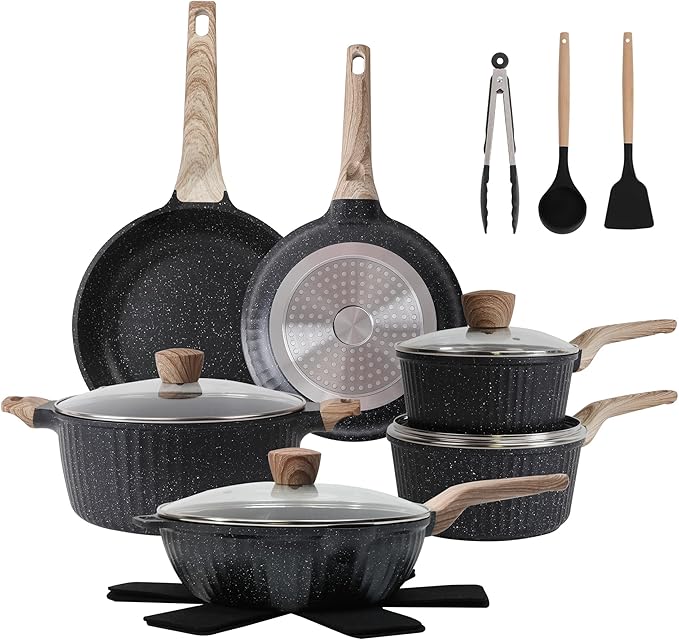 Pots and Pans Set Non Stick, 17Pcs Kitchen Cookware Sets, Granite Stone Induction Cookware Non Stick Cooking Set w/Frying Pans, Saucepans, Sauté Pan (PFOA Free), Black