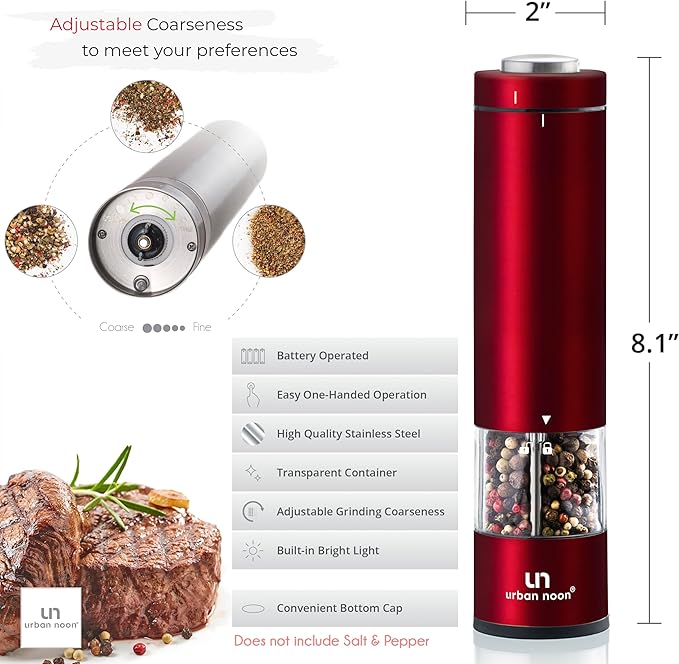 Electric Salt and Pepper Grinder Set - 2 Battery Operated Stainless Steel Mills with Light (Elegant Red Burgundy) - Automatic One Handed Operation - Electronic Adjustable Shakers - Ceramic Grinders
