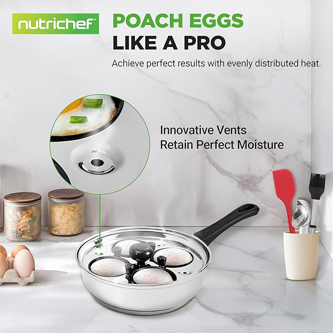 NutriChef Egg Poacher Pan Set - 7.87” Stainless Steel Poached Egg Cooker with 4 Non-Stick Poaching Cups, Glass Lid, Timer, Oven Mitt, and Spatula for Perfect Poached Eggs, Induction Compatible, Silver