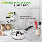 NutriChef Egg Poacher Pan Set - 7.87” Stainless Steel Poached Egg Cooker with 4 Non-Stick Poaching Cups, Glass Lid, Timer, Oven Mitt, and Spatula for Perfect Poached Eggs, Induction Compatible, Silver