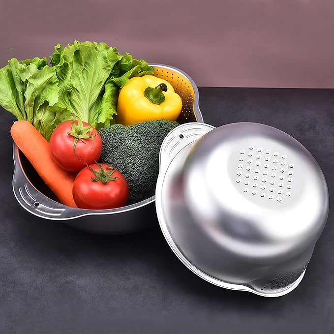 Rice Washer Strainer Bowl, Stainless Steel Washing Bowl for Rinsing Quinoa, Side Drainers Colander for Cleaning Fruits, Vegetables, and Beans - Versatile Kitchen Gadgets