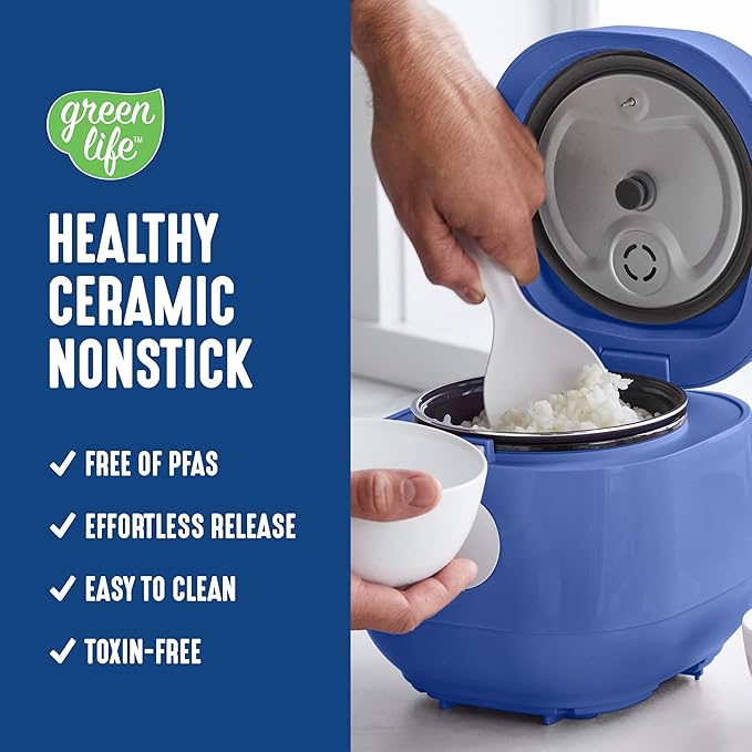 GreenLife Digital Rice Cooker, 2-Cups Uncooked/4-Cups Cooked, Removable Nonstick Ceramic PFAS-Free Pot, One-Touch Presets, Oats, Quinoa, Brown Rice, Auto Keep Warm, Fuzzy Logic Tech, 1.5 QT, Navy Blue
