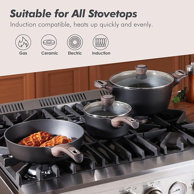 SENSARTE Pots and Pans Set Non stick, Non toxic Healthy Induction Cookware Sets, 14 Pcs Non Stick Kitchen Cooking Set with Frying Pans Set & Saucepan, PFOA PFOS APEO Free, Black