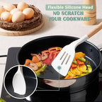 E-far Silicone Cooking Utensils Set, 446℉ Heat Resistant 10PCS Kitchen Utensils Set with Wooden Handle for Nonstick Cookware, Kitchen Tools Spatula Whisk Tongs Ladle, Non-toxic & Healthy, White