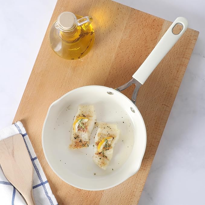 Martha Stewart Heathland 8 Inch Aluminum Fry Pan Cookware Non-Toxic Premium Ceramic Non Stick Frying Pan, Kitchen Egg Pan, Omelet Pan, Always Pan, Pots and Pans, Linen White, Induction Safe