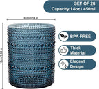 YOUBET 24PCS Plastic Hobnail Drinking Glasses - 14 Oz Blue Vintage Glasses Drinkware - Disposable Beaded Cups for Juice, Wine, Party