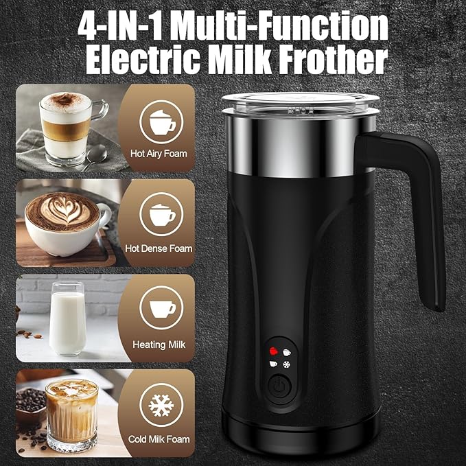Milk Frother, 4-in-1 Milk Frother and Steamer, 10.1oz/300ml Automatic Hot and Cold Foam Maker and Milk Warmer, Electric Milk Frother for Coffee, Latte, Cappuccino, Matcha(Black)
