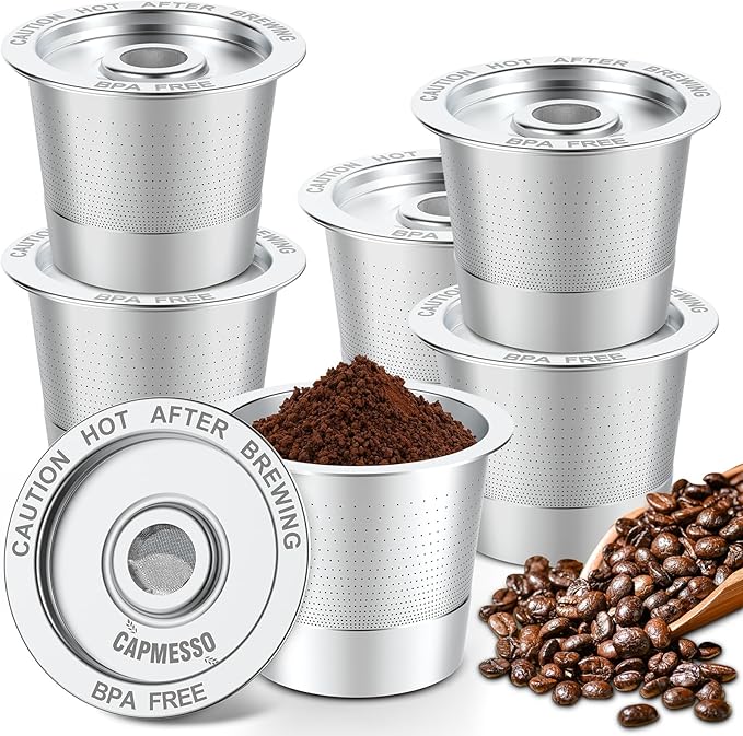 CAPMESSO Reusable K Cups Coffee Pods for Keurig 1.0: Stainless Steel Refillable K Cup - Reusable Coffee Filter for Keurig 1.0 Coffee Maker, Permanent, Eco-Friendly, Innovative Design (6 Pack)
