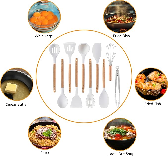 Silicone Cooking Utensils Set, MONGSEW Heat Resistant Kitchen Utensils for Cooking with Wooden Handle, Spatula Turner Spoon Tongs Whisk (WHITE, Smile Dog Pattern)