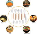 Silicone Cooking Utensils Set, MONGSEW Heat Resistant Kitchen Utensils for Cooking with Wooden Handle, Spatula Turner Spoon Tongs Whisk (WHITE, Smile Dog Pattern)