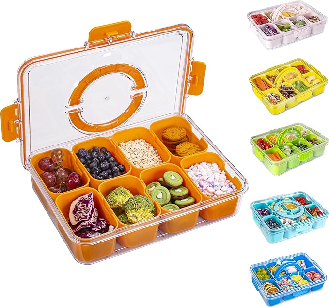 Divided Snack Serving Tray with Lid and Handle Travel Snackle Charcuterie Container Portable Storage Organizer for Candy, Fruits, Nuts, Snacks, Party, Picnic (1pack, Orange)