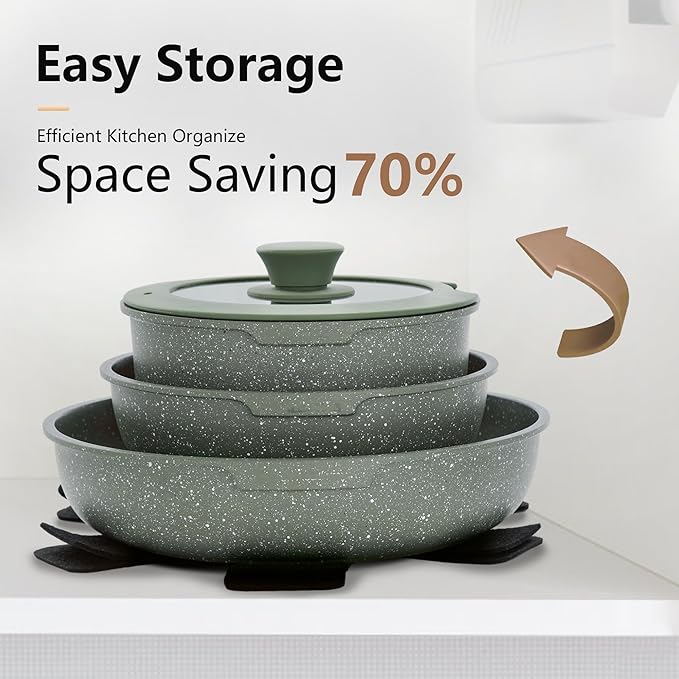 10 Pcs Pots and Pans Set Non Stick, Nonstick Kitchen Cookware Sets Detachable Handle, Induction Pots and Pans Set with Removable Handle, RV Cookware for Camping, Oven Safe, PFOS, PFOA Free, Green