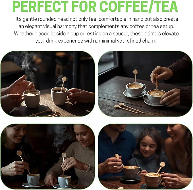 6.25" Custom Wooden Coffee Stirrers with Round Heads – Customizable Stirrer Sticks with Logo or Text | Eco-Friendly Drink Stirrers for Coffee, Tea, Beverages & Events (6.25" - Pack of 50)