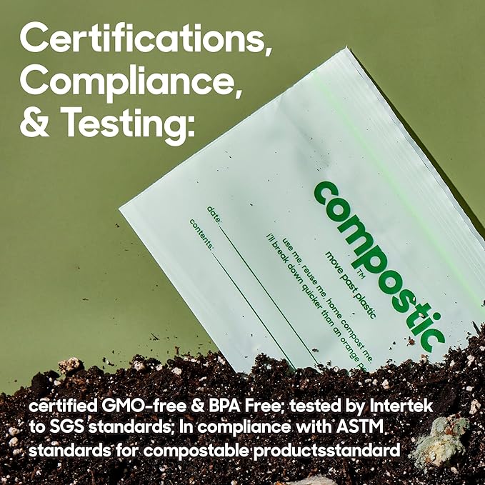 Home Compostable Resealable Snack Bags (6"x 3.5"), Microwave & Freezer Safe, Organic Food Storage Container, 100 Count