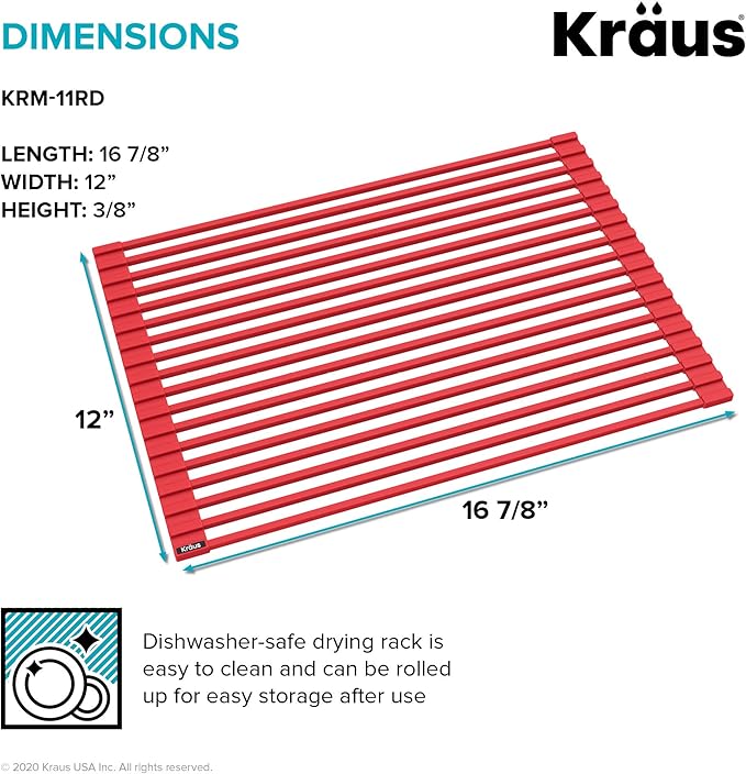 Kraus Multipurpose Workstation Sink Roll-Up Dish Drying Rack, Colander and Trivet in Red, KRM-11RD