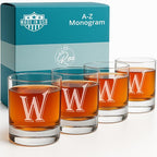 (W-Monogram)- 4 Piece Set of 11 Ounce Engraved Heavy Base Rocks Glasses- Quality Elegant Glass-Multi-Purpose Beverage-Rocks Glass- For any Occasion- By: On The Rox