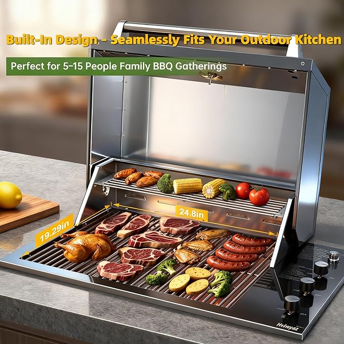 34-Inch Premium Built-In Liquid Propane Griddle for Outdoor Kitchen, 3-Burner Heavy Duty Stainless Steel Flat Top Grill with Lid, 48,000 BTUs, Large Cooking Area for BBQ Island, Outdoor Cooking, Black