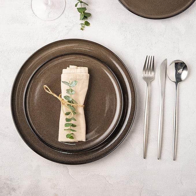 LERATIO Ceramic Dinner Plates Set of 6, 10.5 Inch Reactive Glaze Porcelain Plates, Modern Shape Dinnerware Dishes Set for Kitchen,Microwave&Dishwasher&Oven Safe, Scratch Resistant-Chestnut