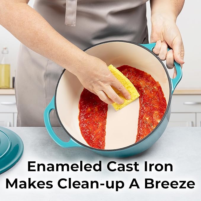 Zulay Kitchen 5 Quart Enameled Cast Iron Dutch Oven with Lid,Silicone Trivet & Heat Pad – Premium Durability & Oven Safe up to 500°F – Heavy Duty Cookware Perfect for Bread Baking, Stews, Braising & Roasting – Light Blue
