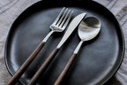 Fun Lightweight Stainless Steel Flatware Set with Walnut (4 Sets, NOM CHOP SLURP)