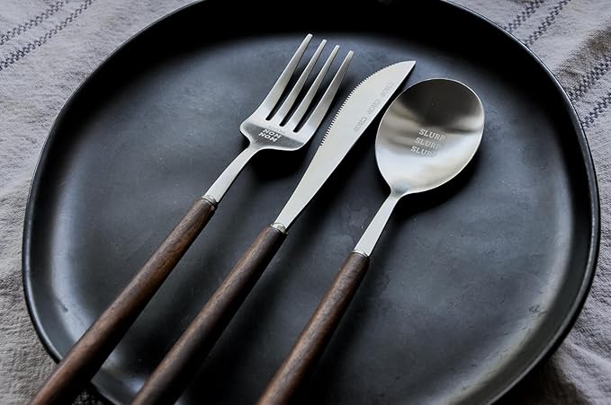 Fun Lightweight Stainless Steel Flatware Set with Walnut (1 Set, NOM CHOP SLURP)