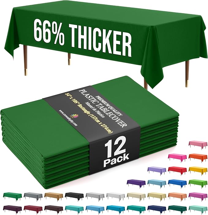 Party Solids 66% Thicker Premium Plastic Table Cloth Rectangle Table Cover 0.5 Mil 12 Pack Emerald Green Table Cloth 54 Inch x 108 Inch Disposable Tablecloth Won't Tear Easily Like Cheap Thin Brands