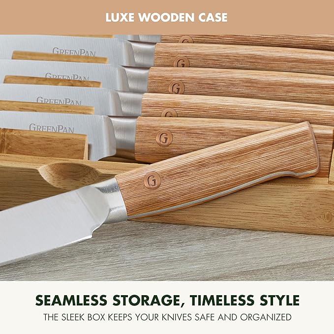 GreenPan Elite 8 Piece Steak Knife Set, Professional Stainless Steel Blades with Titanium Coating, Ultra-Sharp Dining Knives, Kitchen Cutlery, Ergonomic Wood Handles, Wooden Storage Box
