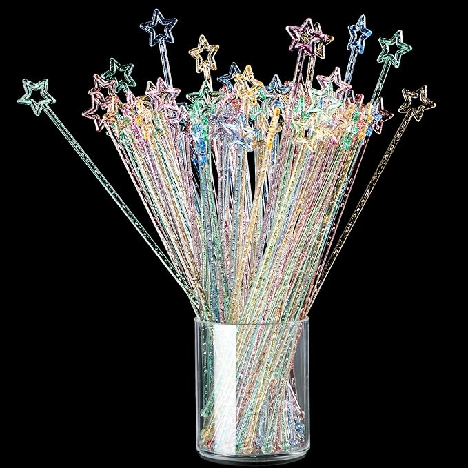 Mudder 100 Pieces 9.1 Inch Christmas Swizzle Sticks Cocktail Stirrers Plastic for Bar Disposible Plastic Star Top Crystal Swizzle Sticks for Christmas Party(Glittery Mixed Color)
