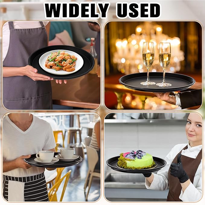 Zopeal 6 Pieces Black Round Restaurant Serving Tray, Plastic Non Slip Surface Food Meals Server Tray with Raised Edges for Home, Kitchen, Restaurant, Cafeteria, Bar (11")