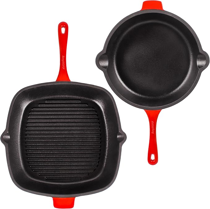BergHOFF 9Pc Neo Cast Iron Cookware Set, Silicone Heat Spatulas, Matching Lid,Oven Safe Up To 400°F, Red