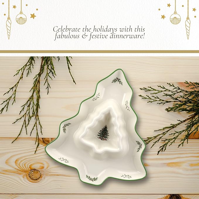 Spode Christmas Tree Chip and Dip Tree-Shaped Dish - 13-Inch Porcelain Holiday Serveware for Appetizers, Chips - Festive Ceramic Tableware - Dishwasher, Microwave, Freezer Safe