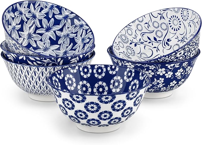 vancasso SELENE 24 oz Cereal Bowls set of 6, Ceramic Soup Bowls for Kitchen, Dishwasher & Microwave Oven Safe- for Cereal, Soup, Pasta, Salad, Blue & White Floral Design Bowl Set