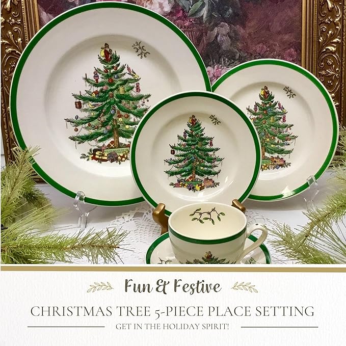 Spode Christmas Tree 5-Piece Holiday Dinnerware Set - Festive Earthenware Tableware Collection with Plates, Teacups, Saucers - Microwave, Dishwasher Safe - Christmas Dinnerware & Holiday Tableware