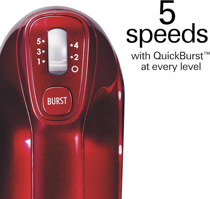 Hamilton Beach Professional 5-Speed Electric Hand Mixer with High-Performance DC Motor, Slow Start, Snap-On Storage Case, Stainless Steel Beaters, Dough Hooks & Whisk, Red and Chrome (62653)