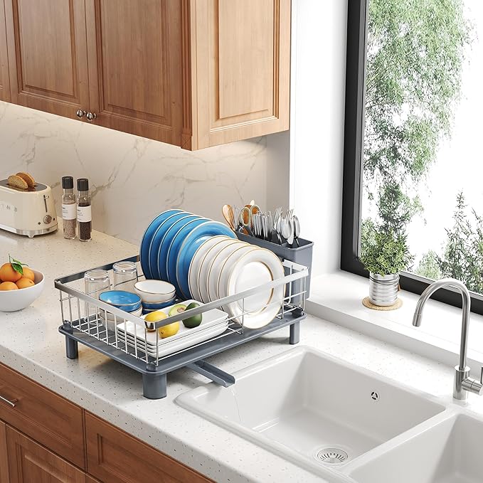 Dish Drying Rack - Small Dish Rack for Kitchen Counter, Stainless Steel Dish Drainer with Utensil Holder and Drainboard (Silver)