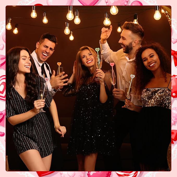 48 Pcs Valentine Conversation Candy Heart Drink Stirrers Reusable Plastic Cocktail Swizzle Sticks Wedding Cocktail Mixers for Bar Engagement Anniversary Valentine Party Supplies