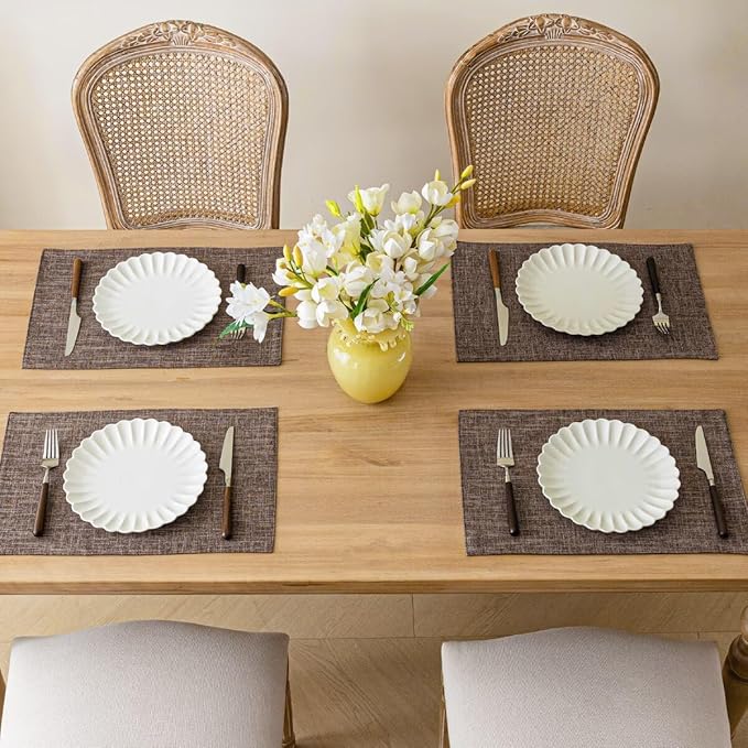 Placemats Set of 6, Bilayer Thickened Linen Place Mats Heat Resistant Machine Washable Wrinkle Free Carefully Selected Polyester Mats for Kitchen/Dining/Coffee Table (Burlap)