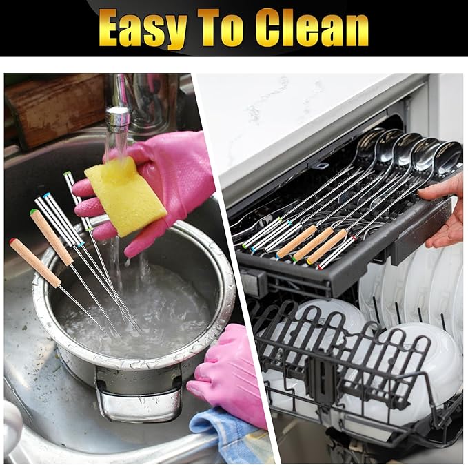 24 PCS Fondue Forks Stainless Steel,12 Wood Handles and 12 Stainless Steel Handles,9.3"Color Coding Cheese Fondue Fork,Heat Resistant Fondue Sticks for Chocolate Fountain Marshmallows,6 Color
